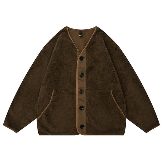 No-collar base, loose-fitting, warm fleece jacket
