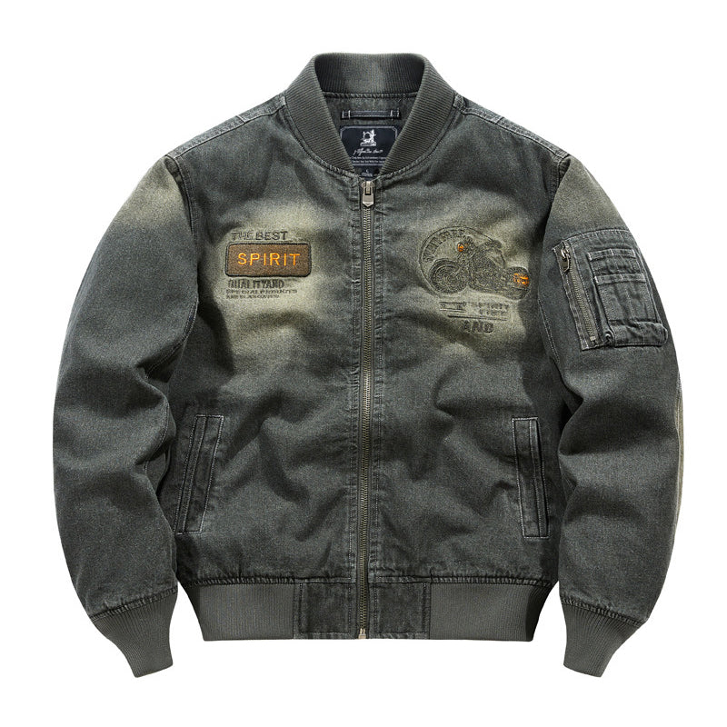 Distressed denim flight jacket with a maple leaf pattern on the back and motorcycle embroidery
