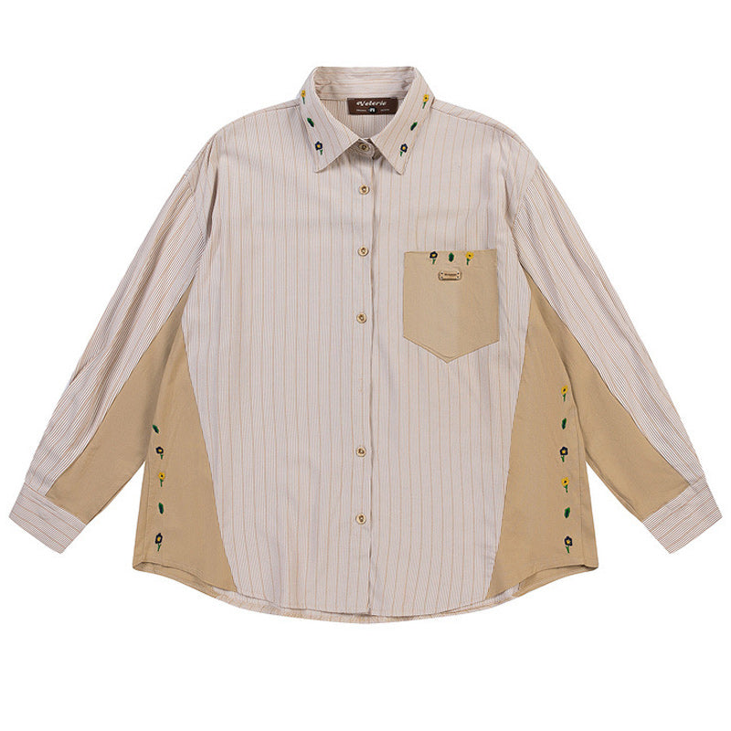 Striped color-block long-sleeved shirt
