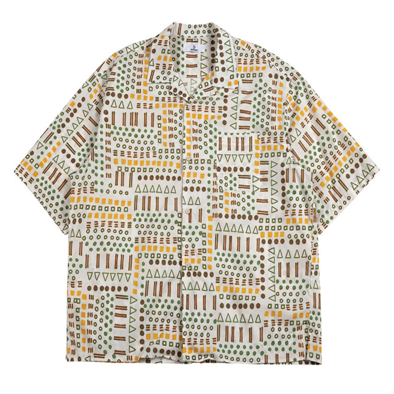 Cuban collar ethnic print short sleeve shirt
