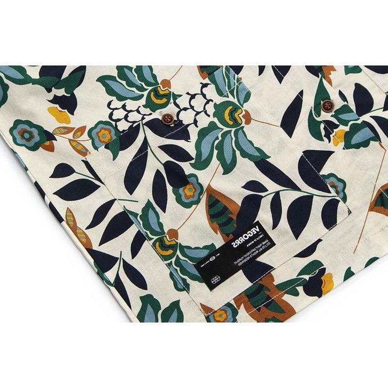 Retro leaf print aloha short-sleeved shirt