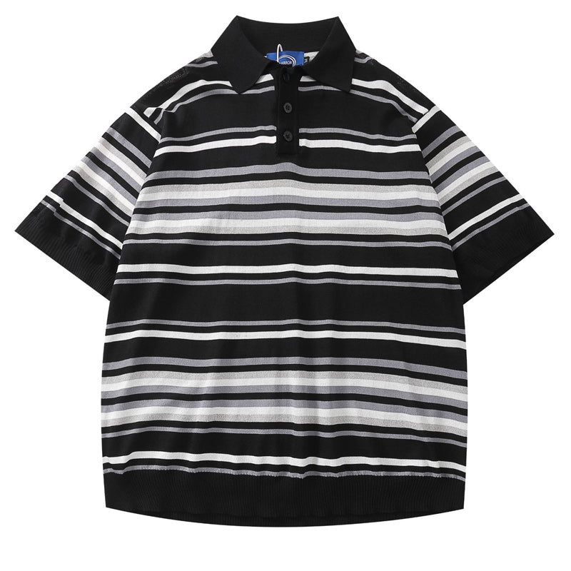 Retro Striped Stockinette Knit Polo Shirt