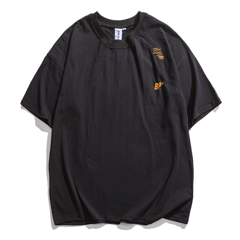 刺繡入り 不規則ステッチコットンTシャツ