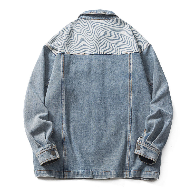Denim Ripple Wash Patchwork Denim Jacket