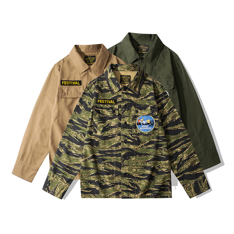 American casual coverall with Woodpecker embroidered badge