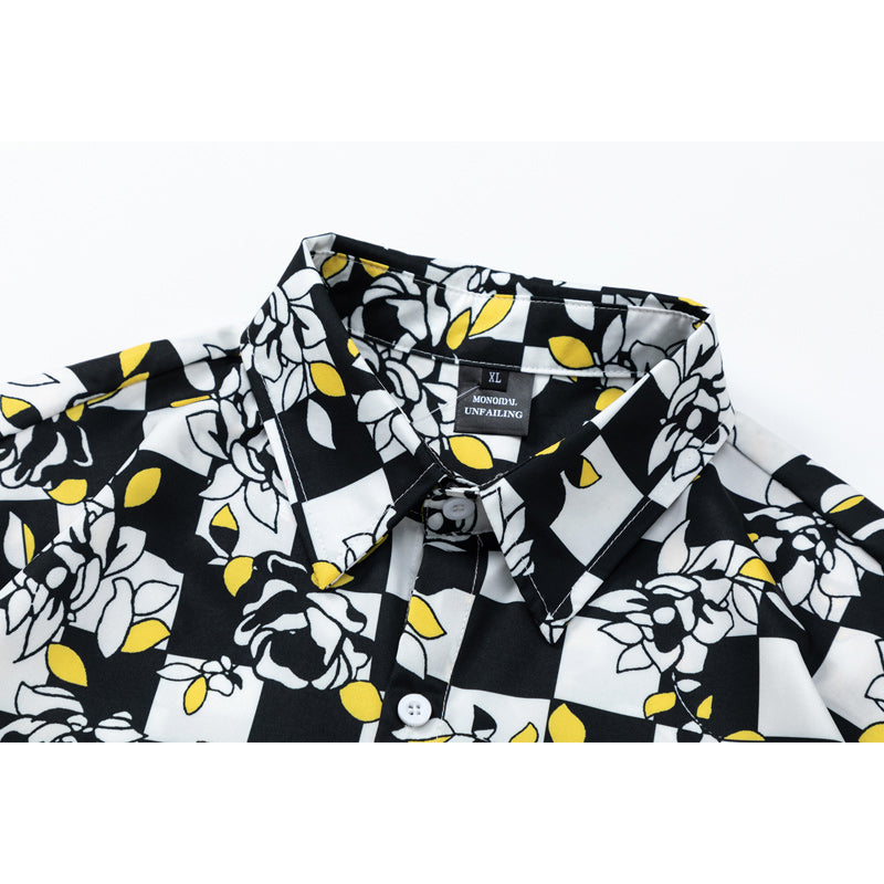 Classic black and white checkered print short-sleeved shirt