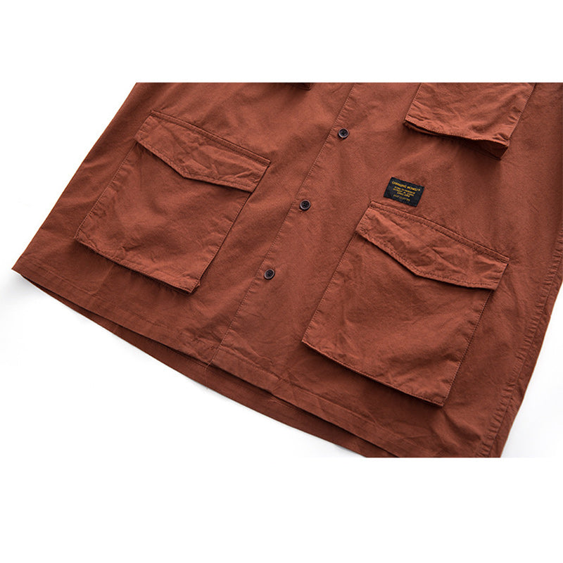 Multi-pocket plain work short-sleeved shirt