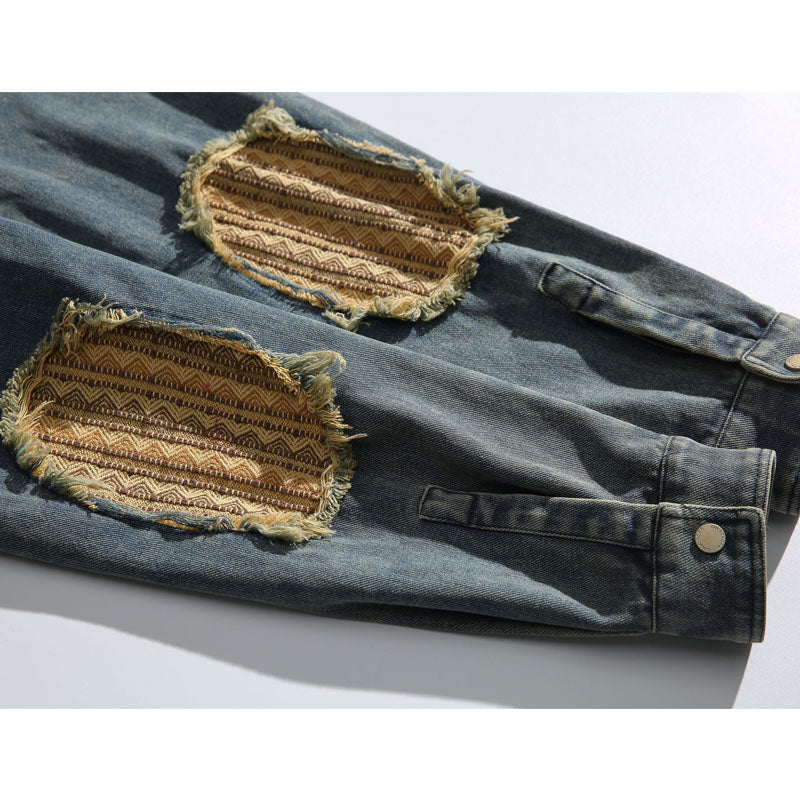 Ethnic jacquard elbow patch denim work shirt