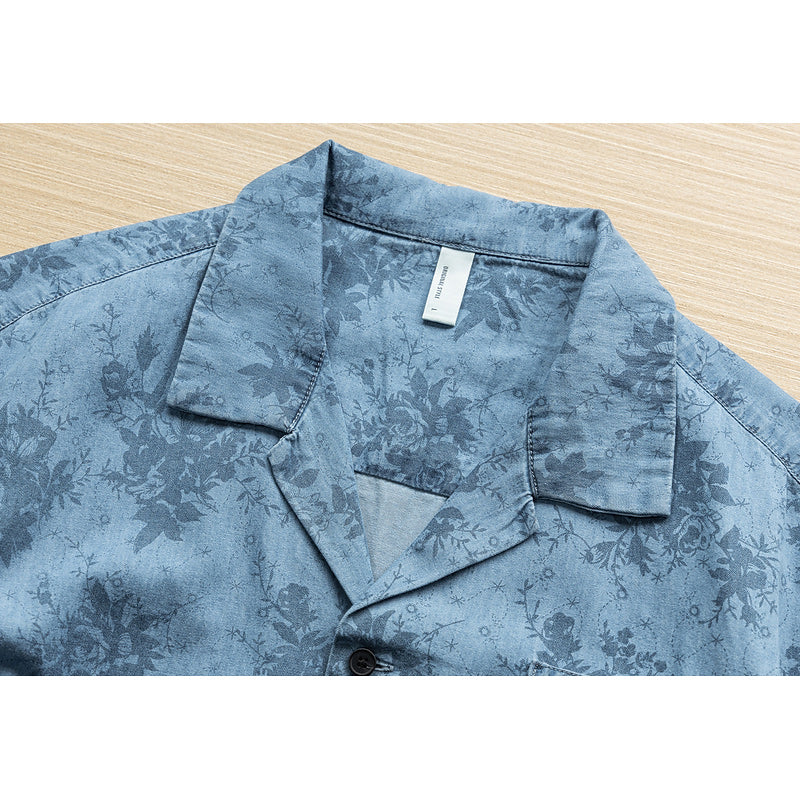 Denim blue all-over print short-sleeved shirt