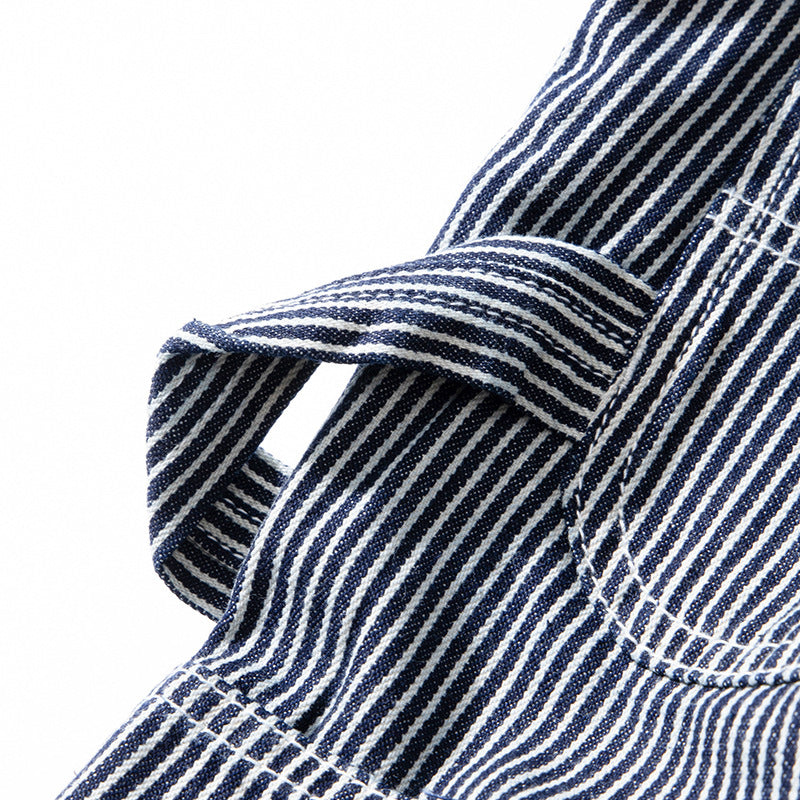 Multi-pocket work pants available in two styles: raw denim and striped denim