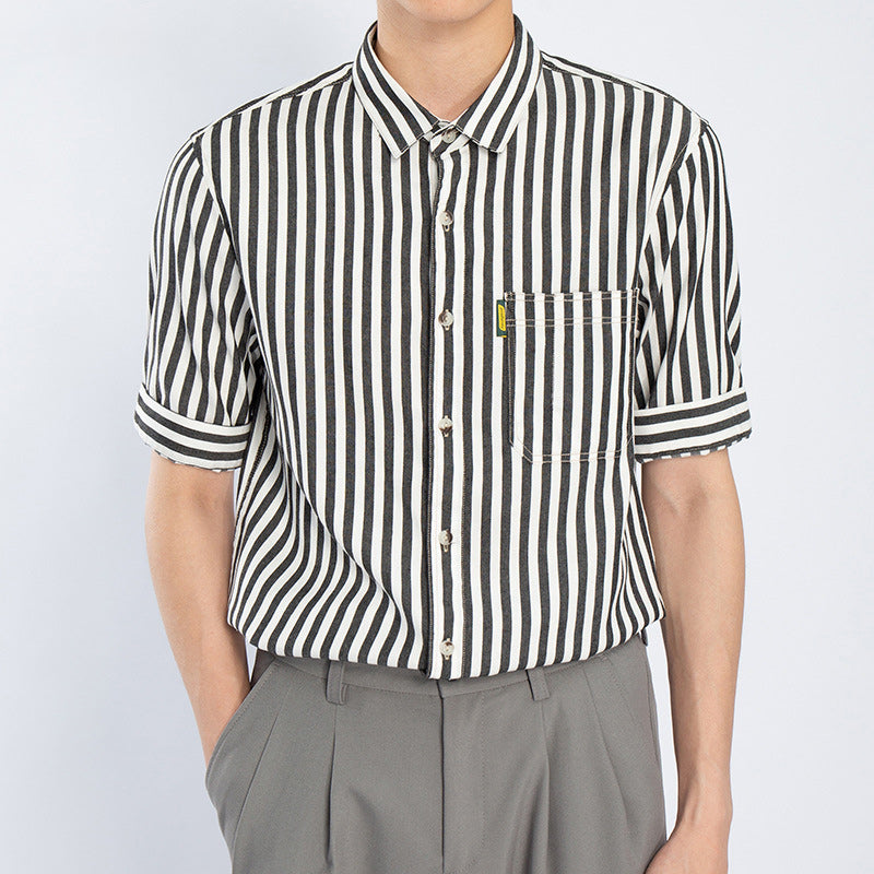 Three-color classic striped work short-sleeved shirt