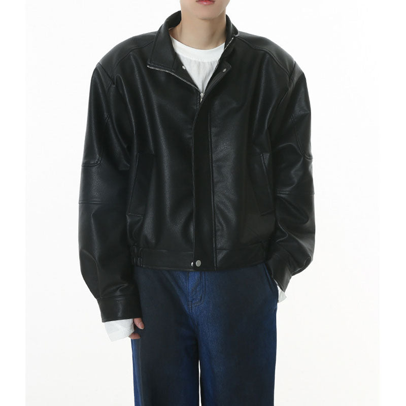 Classic short type shoulder pad simple PU leather jacket