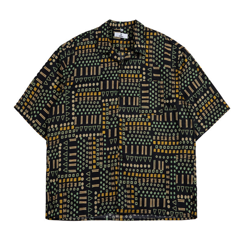 Cuban collar ethnic print short sleeve shirt