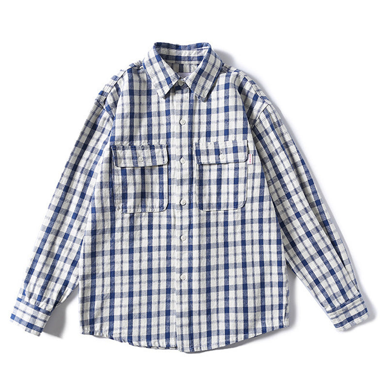 INS popular classic check pattern pocket long sleeve shirt