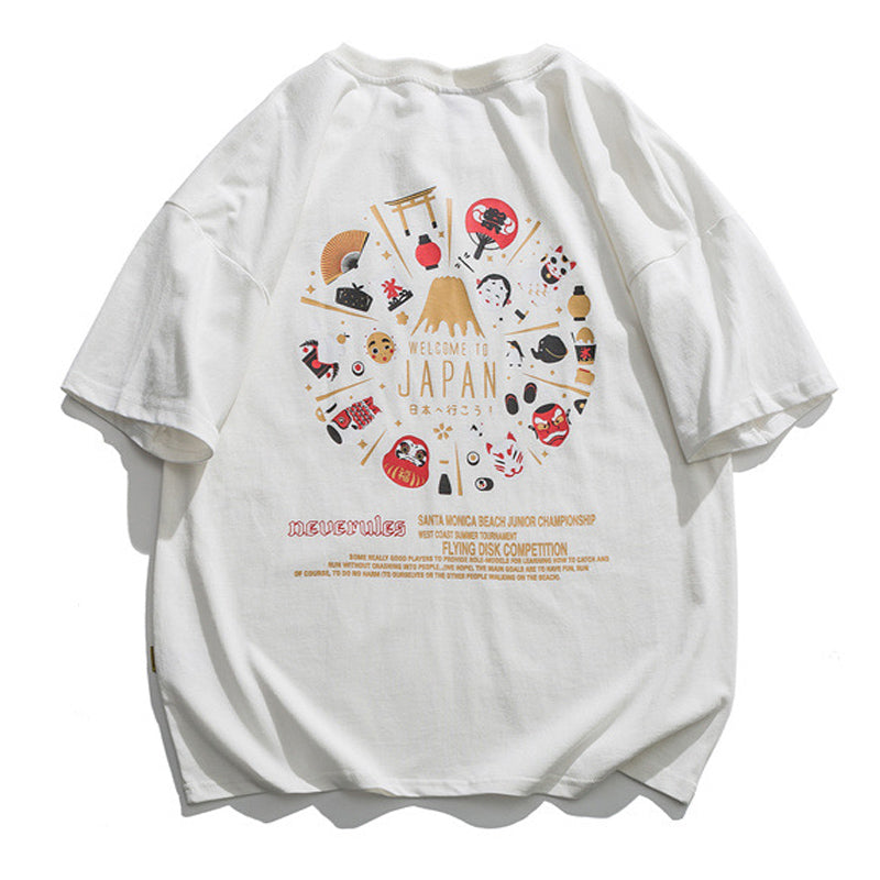 夏新作 WELCOME TO JAPAN 日本文化プリント柄 半袖Tシャツ
