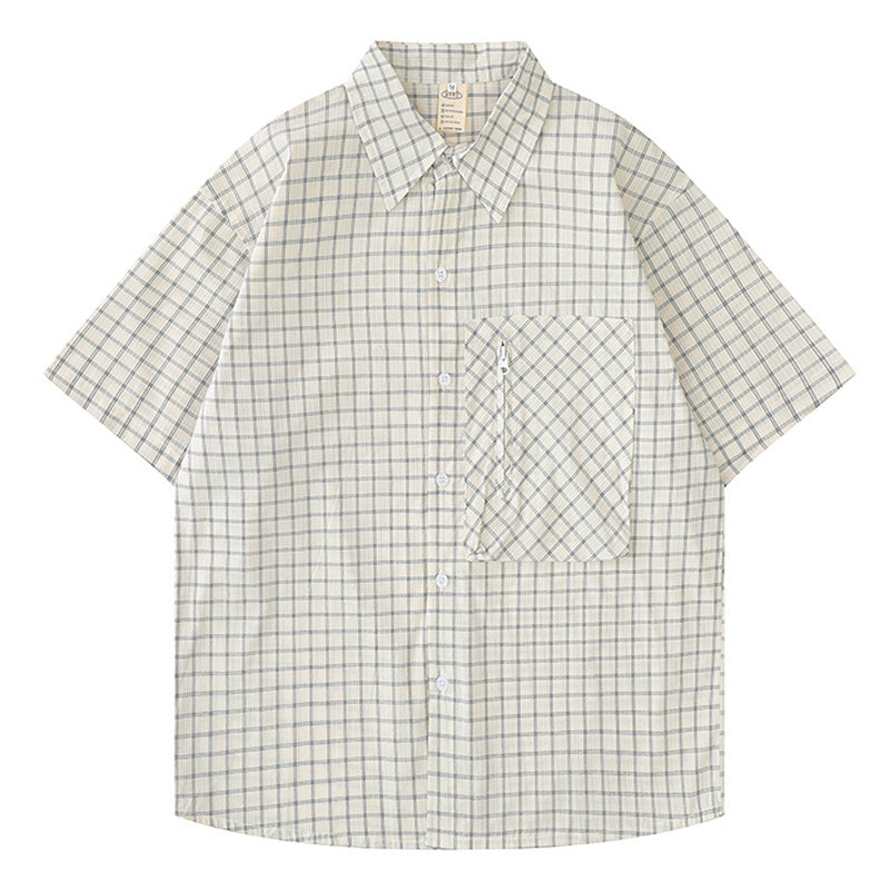 Classic zipper pocket check pattern short sleeve shirt