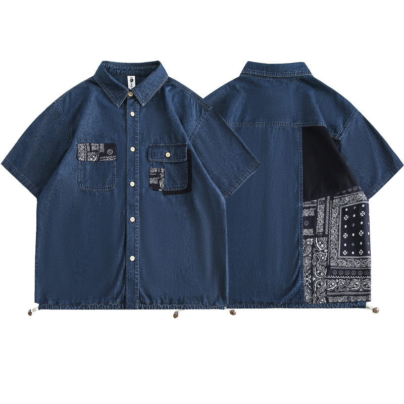 エスニック風カシューナッツデニム半袖シャツ