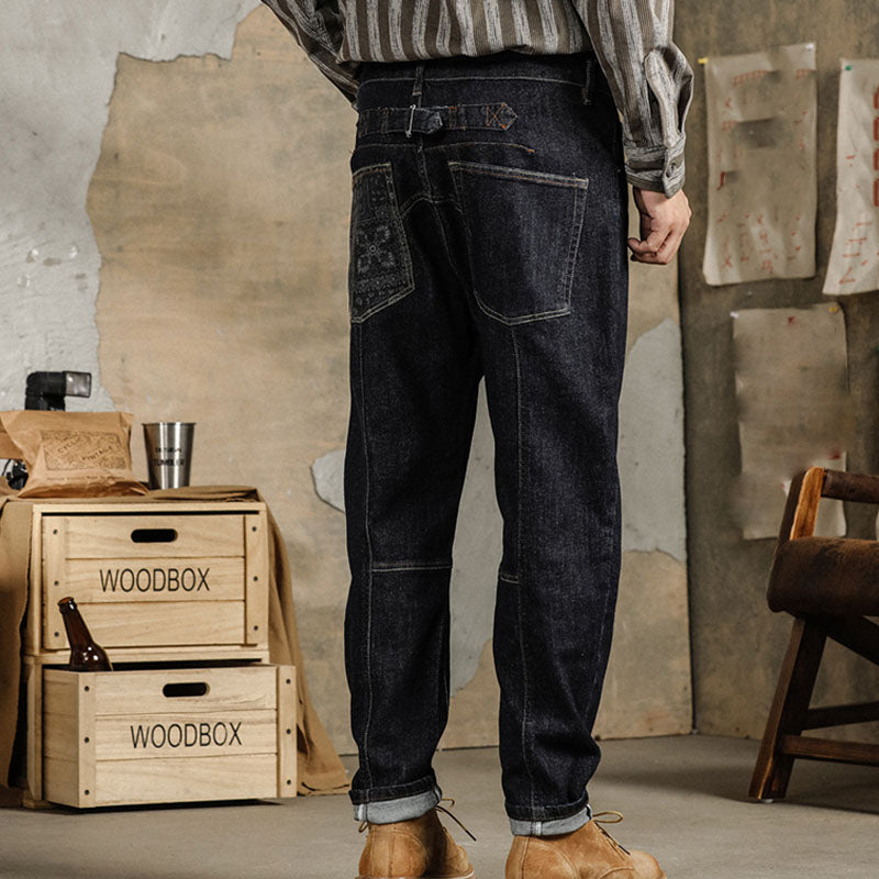 American casual cashew nut floral print tapered denim pants
