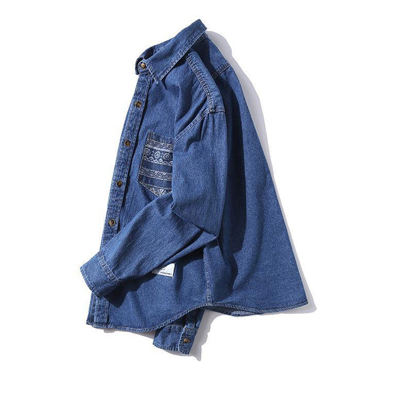Ethnic pocket denim long sleeve shirt