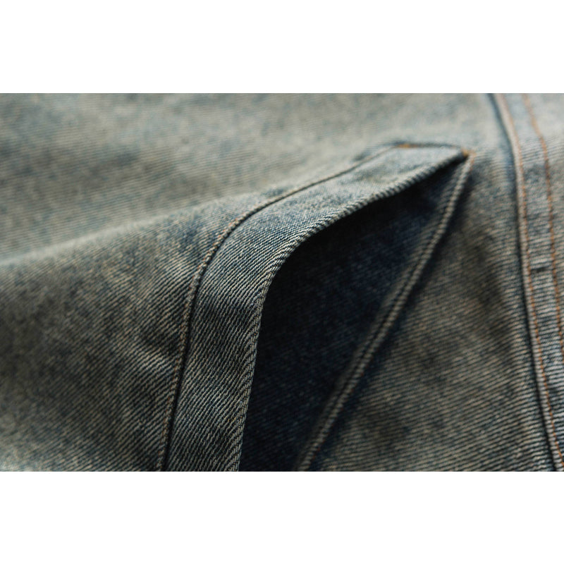 Stand collar washed denim embroidered jacket