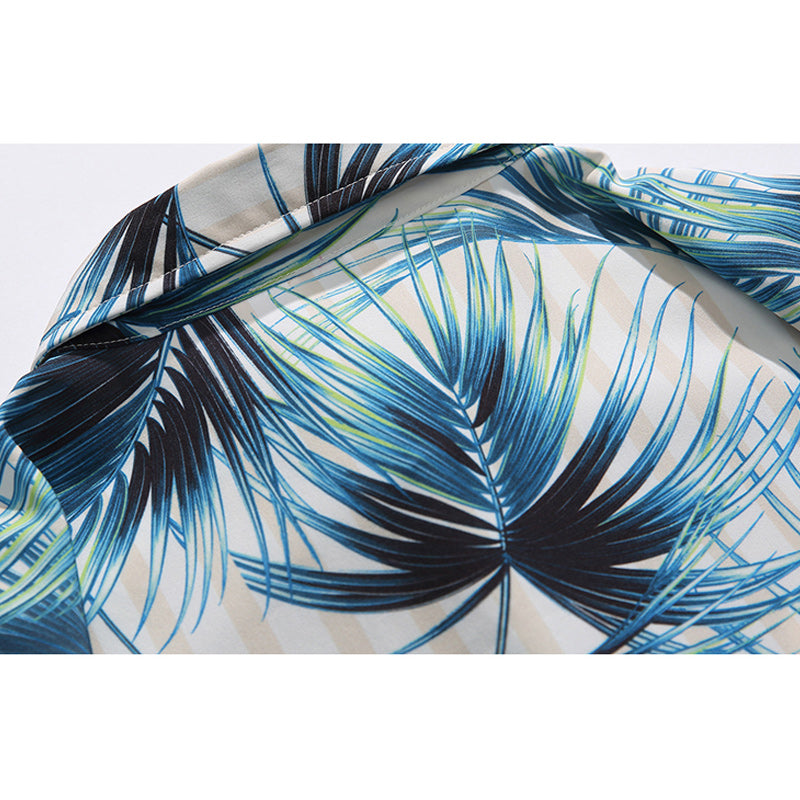 Striped Leaf Print Short Sleeve Aloha Shirt