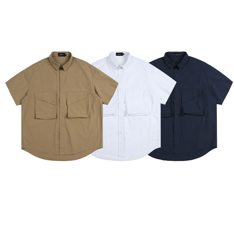 Three-color solid functional pocket work short-sleeved shirt