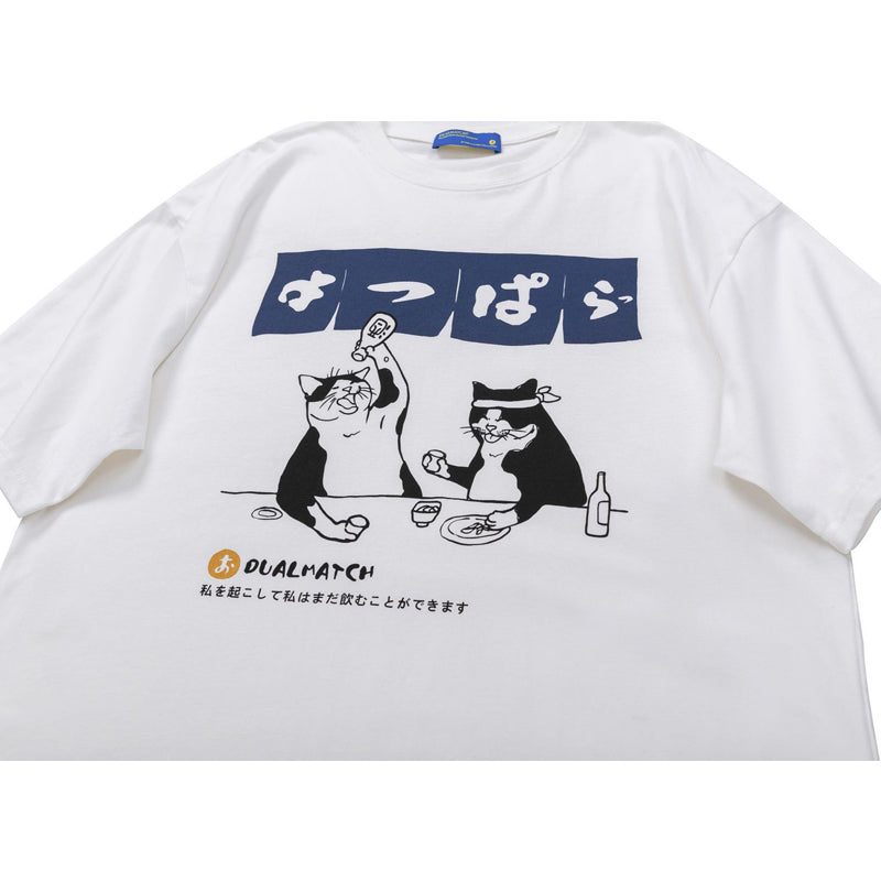 Drinking Cat Print Crew Neck T-Shirt
