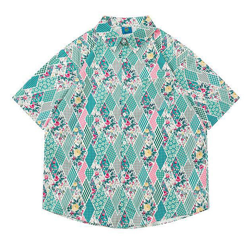 Retro floral diamond-print short-sleeved shirt