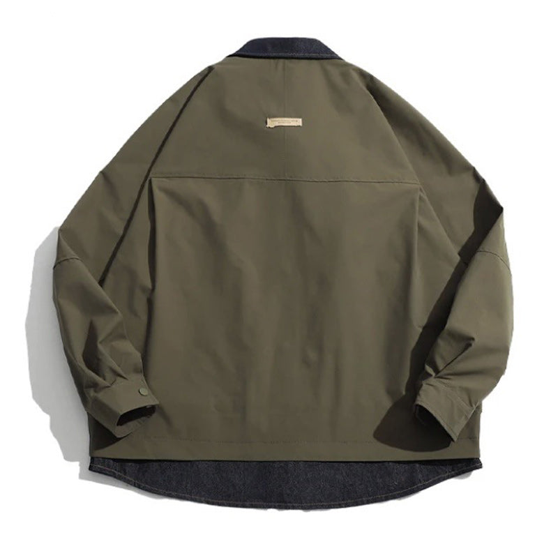 Denim-switched fake layered jacket