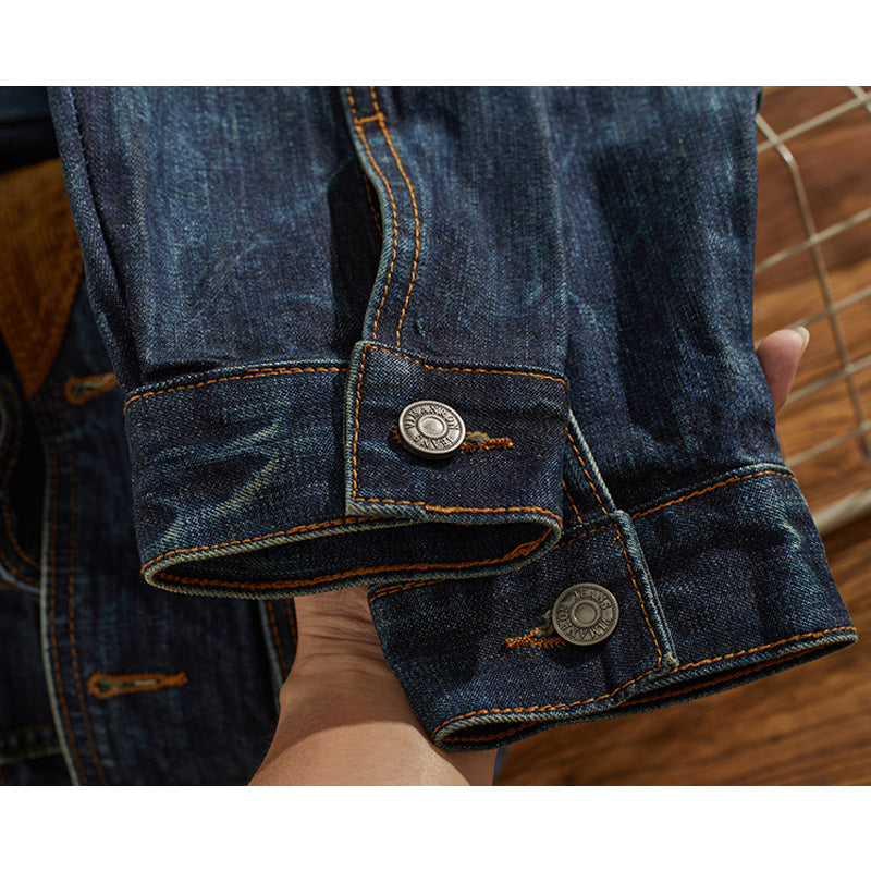 Corduroy-trimmed washed denim jacket