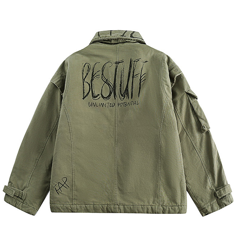 Washed padded shirt collar alphabet cargo down jacket
