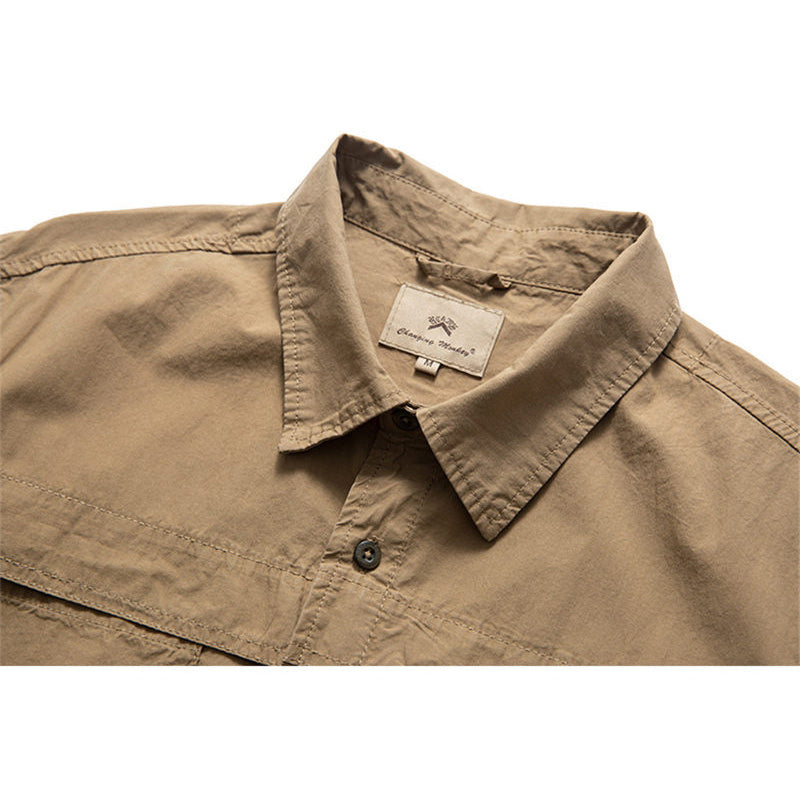 Solid color multi-functional pocket work short sleeve shirt