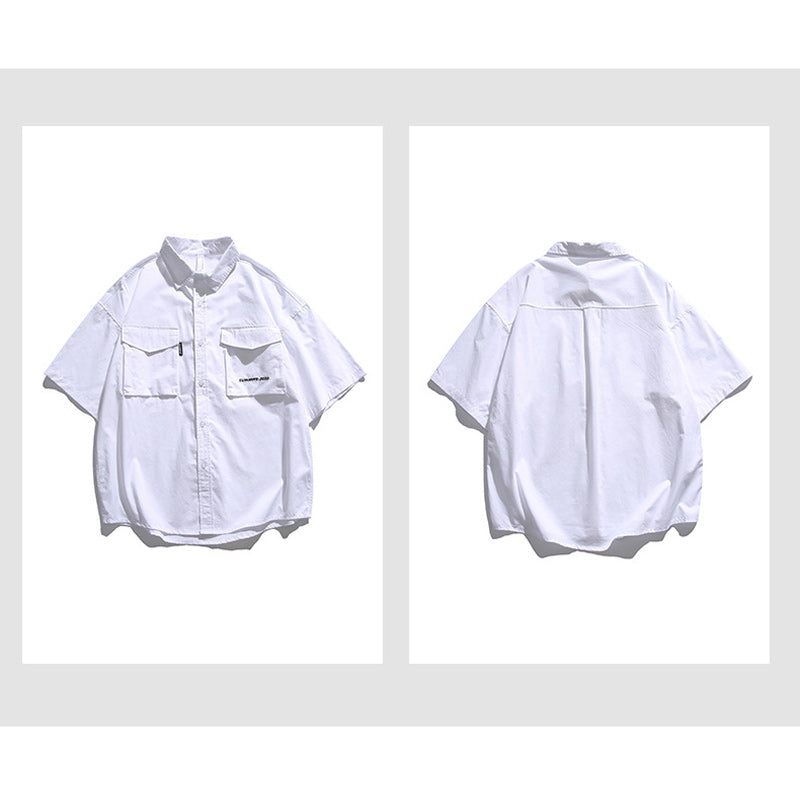 Retro functional large pocket plain work short sleeve shirt