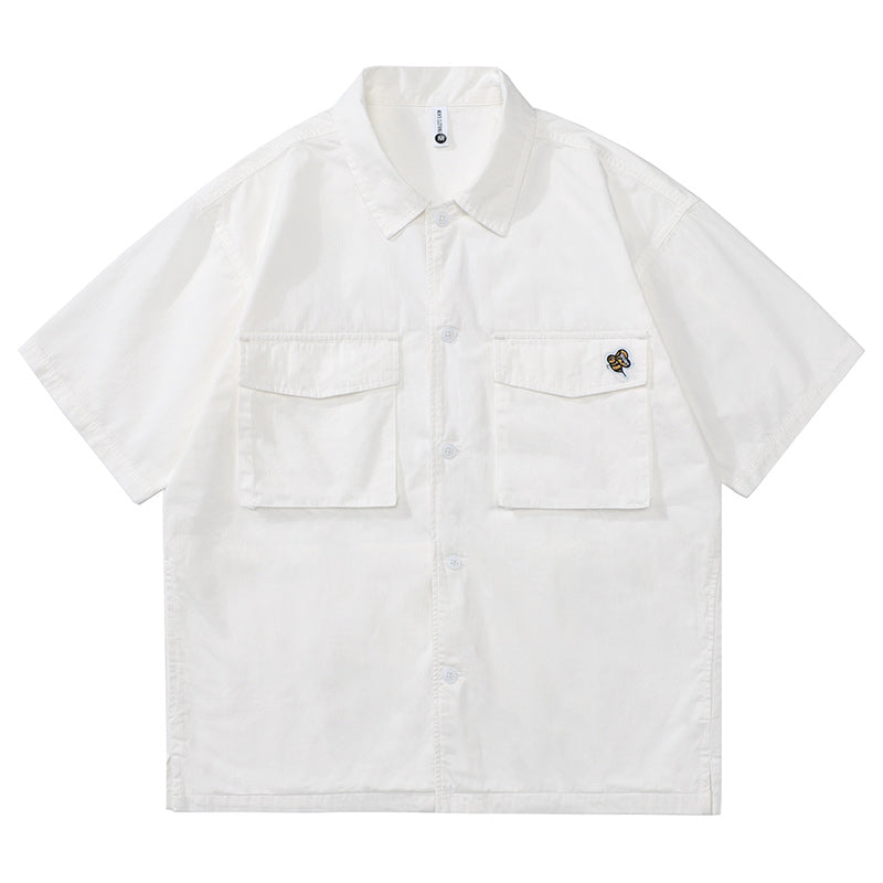 Retro cotton multi-pocket work short-sleeved shirt