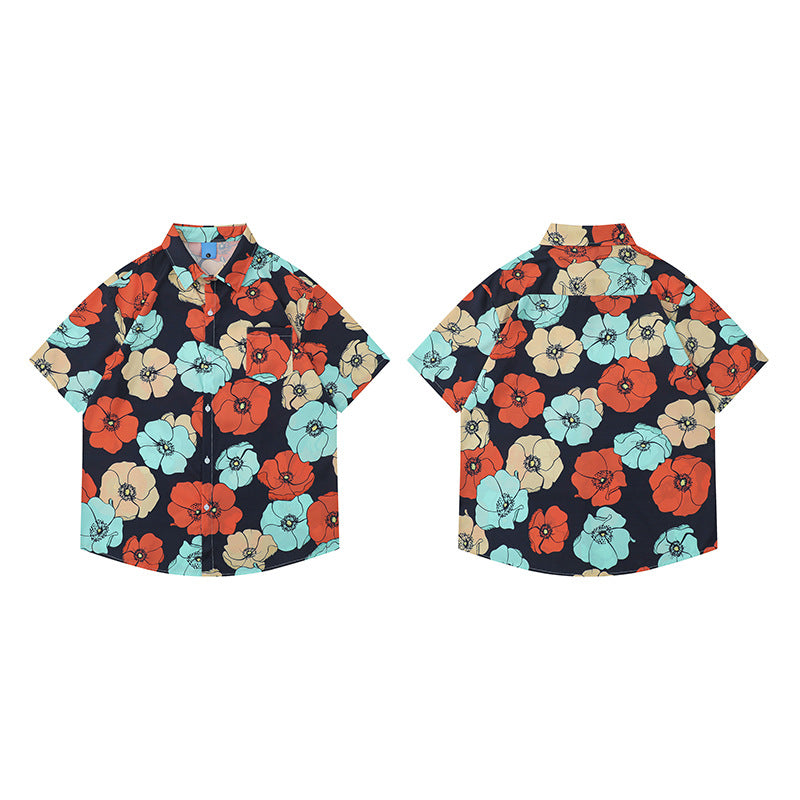 New summer color combination floral print short sleeve shirt