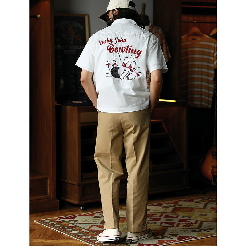 Chain Retro Embroidered Bowling Short Sleeve Open Collar Shirt