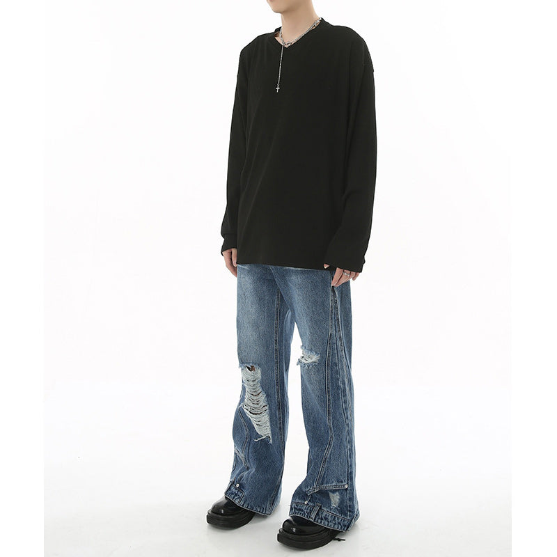 American casual plain V-neck long-sleeved T-shirt