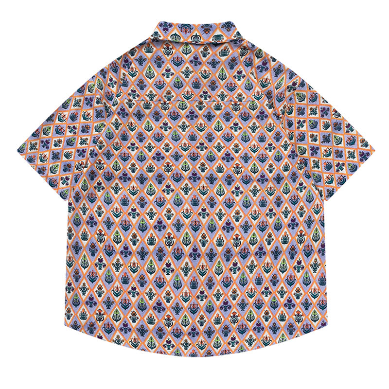 Retro Floral Diamond Short Sleeve Aloha Shirt