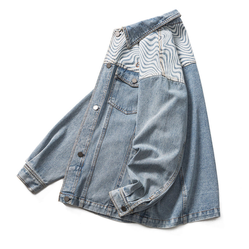 Denim Ripple Wash Patchwork Denim Jacket