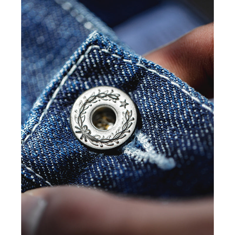 Straight slub denim pants with back cinch