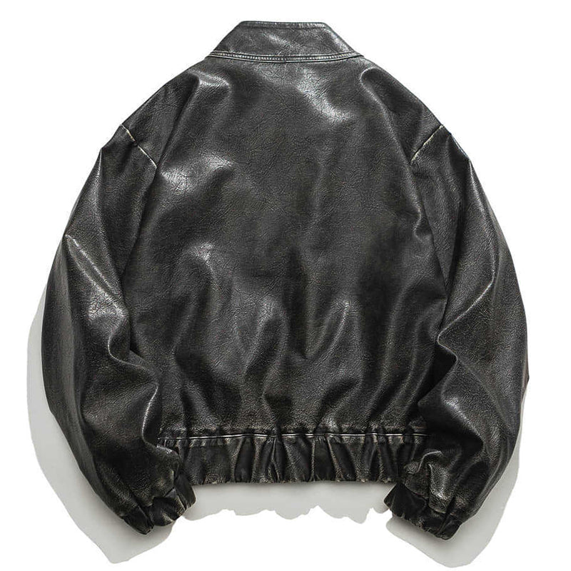 Retro stand-collar distressed motorcycle jacket