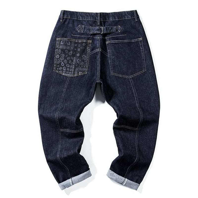 American casual cashew nut floral print tapered denim pants