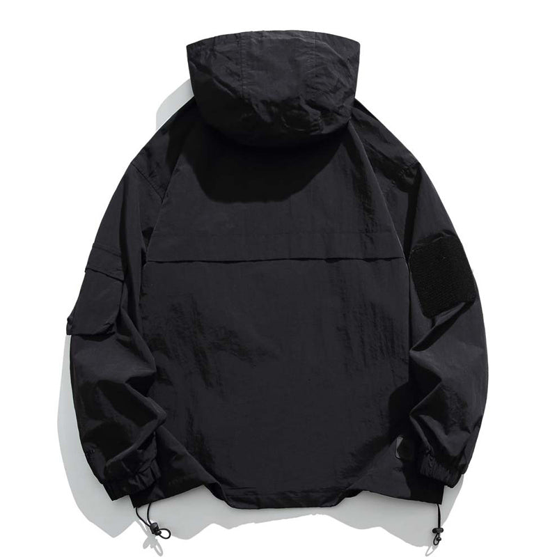無地ハーフジップ多ポケットフード付きジャケット