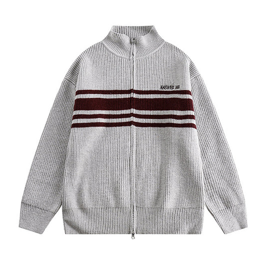 Casual striped zipper stand-collar sweater