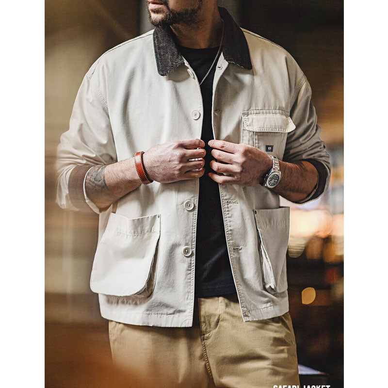 Safari jacket with corduroy collar and cuffs