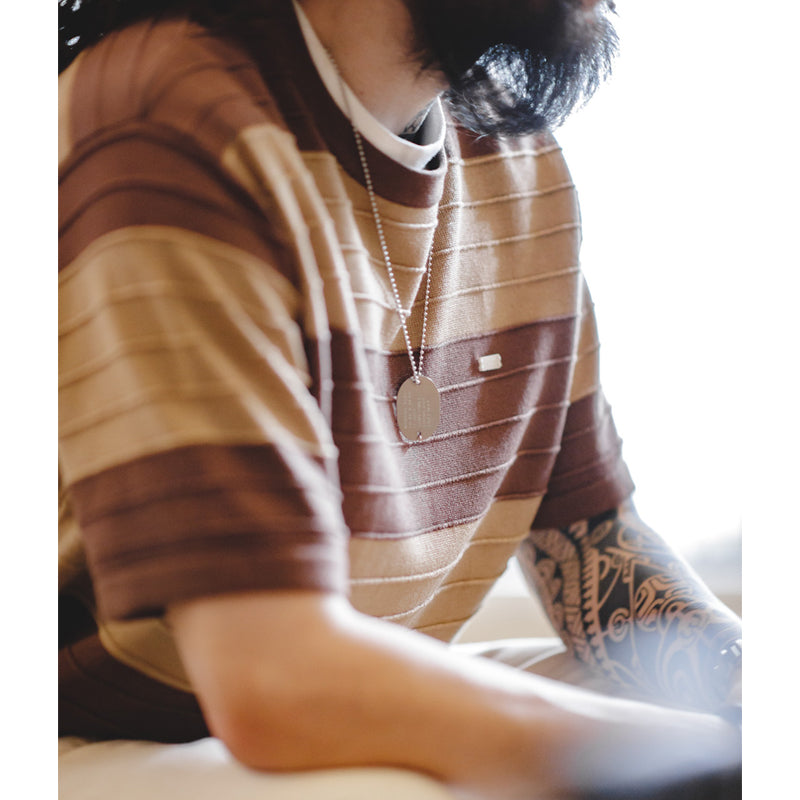 "3D-STRIPE" Border Pattern Linen-Like Knit Tee