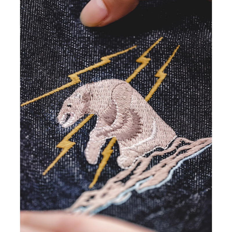 横須賀風シロクマ刺繍入り 2way手提げ可能ショルダーデニムバッグ