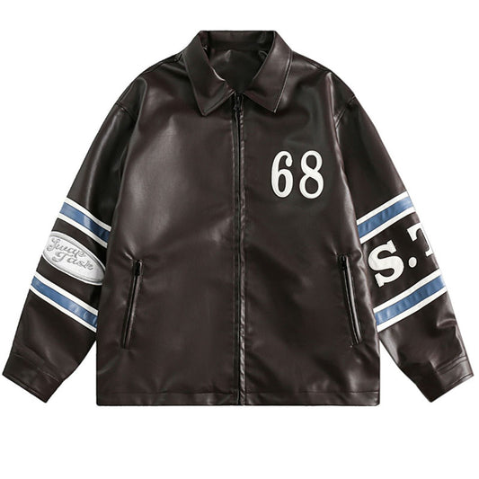 Alphabet color scheme retro PU leather jacket