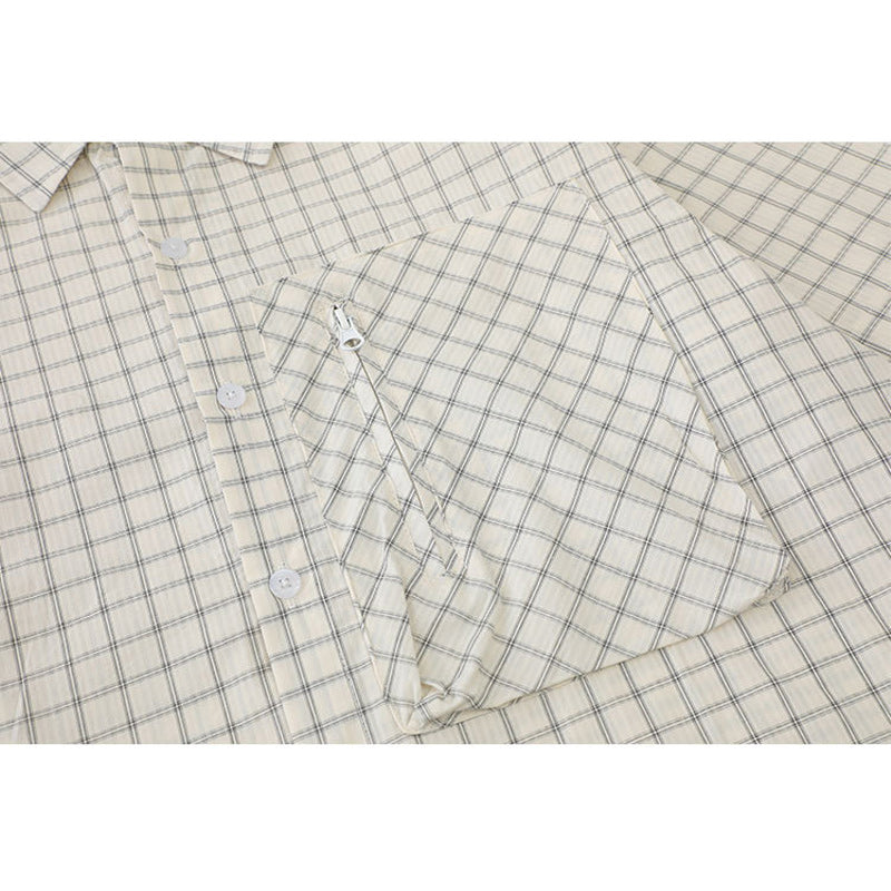 Classic zipper pocket check pattern short sleeve shirt