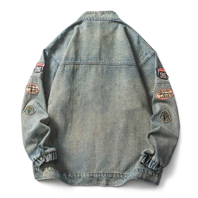 Stand collar washed denim embroidered jacket
